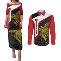 Personalised PNG Sandaun Province Couples Matching Puletasi and Long Sleeve Button Shirt Bird of Paradise Tattoo Flag Motif LT9 Red - Polynesian Pride