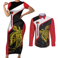 Personalised PNG Sandaun Province Couples Matching Short Sleeve Bodycon Dress and Long Sleeve Button Shirt Bird of Paradise Tattoo Flag Motif LT9 Red - Polynesian Pride