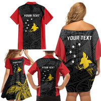 Personalised PNG Sandaun Province Family Matching Off Shoulder Short Dress and Hawaiian Shirt Bird of Paradise Tattoo Flag Motif - Polynesian Pride