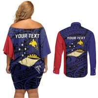 Personalised PNG West New Britain Province Couples Matching Off Shoulder Short Dress and Long Sleeve Button Shirt Bird of Paradise Tattoo Flag Motif LT9 - Polynesian Pride