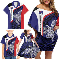 Personalised PNG West New Britain Province Family Matching Off Shoulder Short Dress and Hawaiian Shirt Bird of Paradise Tattoo Flag Motif - Polynesian Pride
