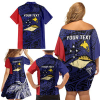 Personalised PNG West New Britain Province Family Matching Off Shoulder Short Dress and Hawaiian Shirt Bird of Paradise Tattoo Flag Motif - Polynesian Pride