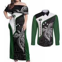 Personalised PNG Western Highlands Province Couples Matching Off Shoulder Maxi Dress and Long Sleeve Button Shirt Bird of Paradise Tattoo Flag Motif LT9 Green - Polynesian Pride
