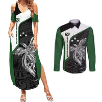 Personalised PNG Western Highlands Province Couples Matching Summer Maxi Dress and Long Sleeve Button Shirt Bird of Paradise Tattoo Flag Motif LT9 Green - Polynesian Pride