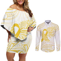 Be Bold Go Gold Polyneisan Ribbon Childhood Personalised Couples Matching Off Shoulder Short Dress and Long Sleeve Button Shirt LT9 Gold - Polynesian Pride