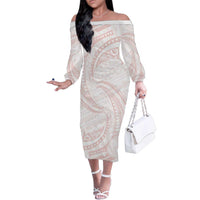 White Sunday Lotu Tamaiti Family Matching Off The Shoulder Long Sleeve Dress and Hawaiian Shirt Polynesian Wave Pastel Blush - Polynesian Pride