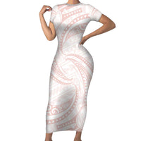 White Sunday Lotu Tamaiti Short Sleeve Bodycon Dress Polynesian Wave Pastel Blush - Polynesian Pride