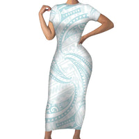 White Sunday Lotu Tamaiti Family Matching Short Sleeve Bodycon Dress and Hawaiian Shirt Polynesian Wave Pastel Cyan - Polynesian Pride