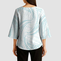 White Sunday Lotu Tamaiti Kimono Sleeve Blouse Polynesian Wave Pastel Cyan - Polynesian Pride