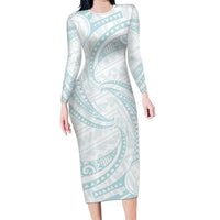White Sunday Lotu Tamaiti Long Sleeve Bodycon Dress Polynesian Wave Pastel Cyan - Polynesian Pride