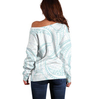 White Sunday Lotu Tamaiti Off Shoulder Sweater Polynesian Wave Pastel Cyan - Polynesian Pride