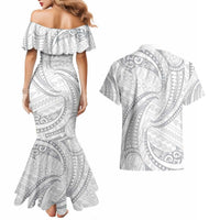 White Sunday Lotu Tamaiti Couples Matching Mermaid Dress and Hawaiian Shirt Polynesian Wave Pastel Gray - Polynesian Pride