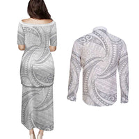 White Sunday Lotu Tamaiti Couples Matching Puletasi and Long Sleeve Button Shirt Polynesian Wave Pastel Gray LT9 - Polynesian Pride