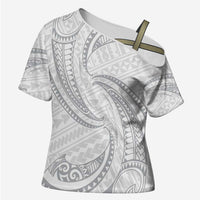 White Sunday Lotu Tamaiti Cross Shoulder Shirt Polynesian Wave Pastel Gray LT9 Female Gray - Polynesian Pride