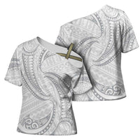 White Sunday Lotu Tamaiti Cross Shoulder Shirt Polynesian Wave Pastel Gray LT9 - Polynesian Pride