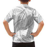 White Sunday Lotu Tamaiti Family Matching Long Sleeve Bodycon Dress and Hawaiian Shirt Polynesian Wave Pastel Gray - Polynesian Pride