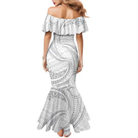 White Sunday Lotu Tamaiti Family Matching Mermaid Dress and Hawaiian Shirt Polynesian Wave Pastel Gray - Polynesian Pride