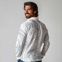White Sunday Lotu Tamaiti Long Sleeve Polo Shirt Polynesian Wave Pastel Gray LT9 - Polynesian Pride