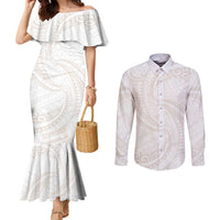 White Sunday Lotu Tamaiti Couples Matching Mermaid Dress and Long Sleeve Button Shirt Polynesian Wave Pastel Nude LT9 Nude - Polynesian Pride
