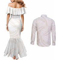 White Sunday Lotu Tamaiti Couples Matching Mermaid Dress and Long Sleeve Button Shirt Polynesian Wave Pastel Nude LT9 - Polynesian Pride