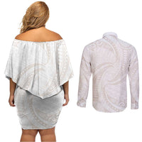 White Sunday Lotu Tamaiti Couples Matching Off Shoulder Short Dress and Long Sleeve Button Shirt Polynesian Wave Pastel Nude LT9 - Polynesian Pride