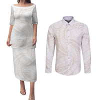 White Sunday Lotu Tamaiti Couples Matching Puletasi and Long Sleeve Button Shirt Polynesian Wave Pastel Nude LT9 Nude - Polynesian Pride