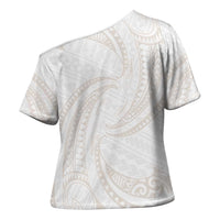 White Sunday Lotu Tamaiti Cross Shoulder Shirt Polynesian Wave Pastel Nude LT9 - Polynesian Pride