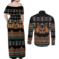 Black Batik Papua-inspired Pattern Couples Matching Off Shoulder Maxi Dress and Long Sleeve Button Shirt LT9 - Polynesian Pride