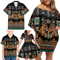 Black Batik Papua-inspired Pattern Family Matching Off Shoulder Short Dress and Hawaiian Shirt LT9 - Polynesian Pride