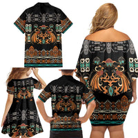 Black Batik Papua-inspired Pattern Family Matching Off Shoulder Short Dress and Hawaiian Shirt LT9 - Polynesian Pride