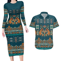 Dark Cyan Blue Batik Papua-inspired Pattern Couples Matching Long Sleeve Bodycon Dress and Hawaiian Shirt LT9 Blue - Polynesian Pride