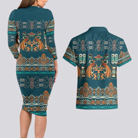 Dark Cyan Blue Batik Papua-inspired Pattern Couples Matching Long Sleeve Bodycon Dress and Hawaiian Shirt LT9 - Polynesian Pride