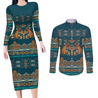 Dark Cyan Blue Batik Papua-inspired Pattern Couples Matching Long Sleeve Bodycon Dress and Long Sleeve Button Shirt LT9 Blue - Polynesian Pride