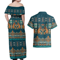 Dark Cyan Blue Batik Papua-inspired Pattern Couples Matching Off Shoulder Maxi Dress and Hawaiian Shirt LT9 - Polynesian Pride