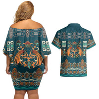 Dark Cyan Blue Batik Papua-inspired Pattern Couples Matching Off Shoulder Short Dress and Hawaiian Shirt LT9 - Polynesian Pride