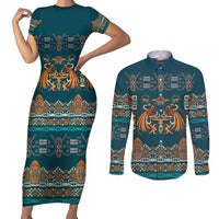 Dark Cyan Blue Batik Papua-inspired Pattern Couples Matching Short Sleeve Bodycon Dress and Long Sleeve Button Shirt LT9 Blue - Polynesian Pride