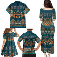 Dark Cyan Blue Batik Papua-inspired Pattern Family Matching Puletasi and Hawaiian Shirt LT9 - Polynesian Pride