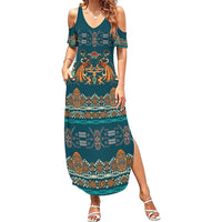 Dark Cyan Blue Batik Papua-inspired Pattern Family Matching Summer Maxi Dress and Hawaiian Shirt LT9 Mom's Dress Blue - Polynesian Pride