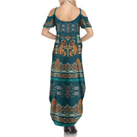 Dark Cyan Blue Batik Papua-inspired Pattern Summer Maxi Dress LT9 - Polynesian Pride