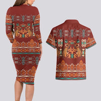 Oxblood Batik Papua-inspired Pattern Couples Matching Long Sleeve Bodycon Dress and Hawaiian Shirt LT9 - Polynesian Pride