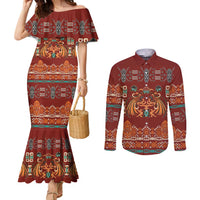 Oxblood Batik Papua-inspired Pattern Couples Matching Mermaid Dress and Long Sleeve Button Shirt LT9 Red - Polynesian Pride