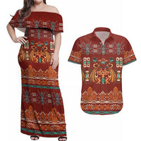 Oxblood Batik Papua-inspired Pattern Couples Matching Off Shoulder Maxi Dress and Hawaiian Shirt LT9 Red - Polynesian Pride