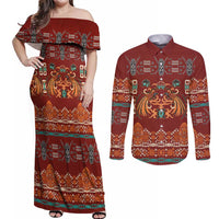 Oxblood Batik Papua-inspired Pattern Couples Matching Off Shoulder Maxi Dress and Long Sleeve Button Shirt LT9 Red - Polynesian Pride