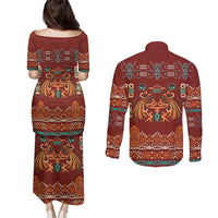 Oxblood Batik Papua-inspired Pattern Couples Matching Puletasi and Long Sleeve Button Shirt LT9 - Polynesian Pride