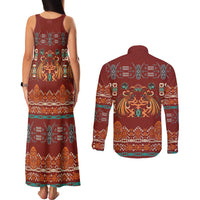 Oxblood Batik Papua-inspired Pattern Couples Matching Tank Maxi Dress and Long Sleeve Button Shirt LT9 - Polynesian Pride
