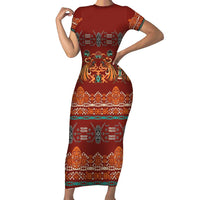 Oxblood Batik Papua-inspired Pattern Family Matching Short Sleeve Bodycon Dress and Hawaiian Shirt LT9 Mom's Dress Red - Polynesian Pride