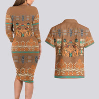 Terracotta Batik Papua-inspired Pattern Couples Matching Long Sleeve Bodycon Dress and Hawaiian Shirt LT9 - Polynesian Pride