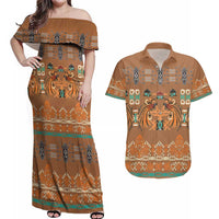 Terracotta Batik Papua-inspired Pattern Couples Matching Off Shoulder Maxi Dress and Hawaiian Shirt LT9 Gold - Polynesian Pride