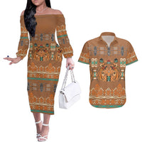 Terracotta Batik Papua-inspired Pattern Couples Matching Off The Shoulder Long Sleeve Dress and Hawaiian Shirt LT9 Gold - Polynesian Pride