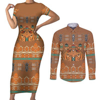 Terracotta Batik Papua-inspired Pattern Couples Matching Short Sleeve Bodycon Dress and Long Sleeve Button Shirt LT9 Gold - Polynesian Pride